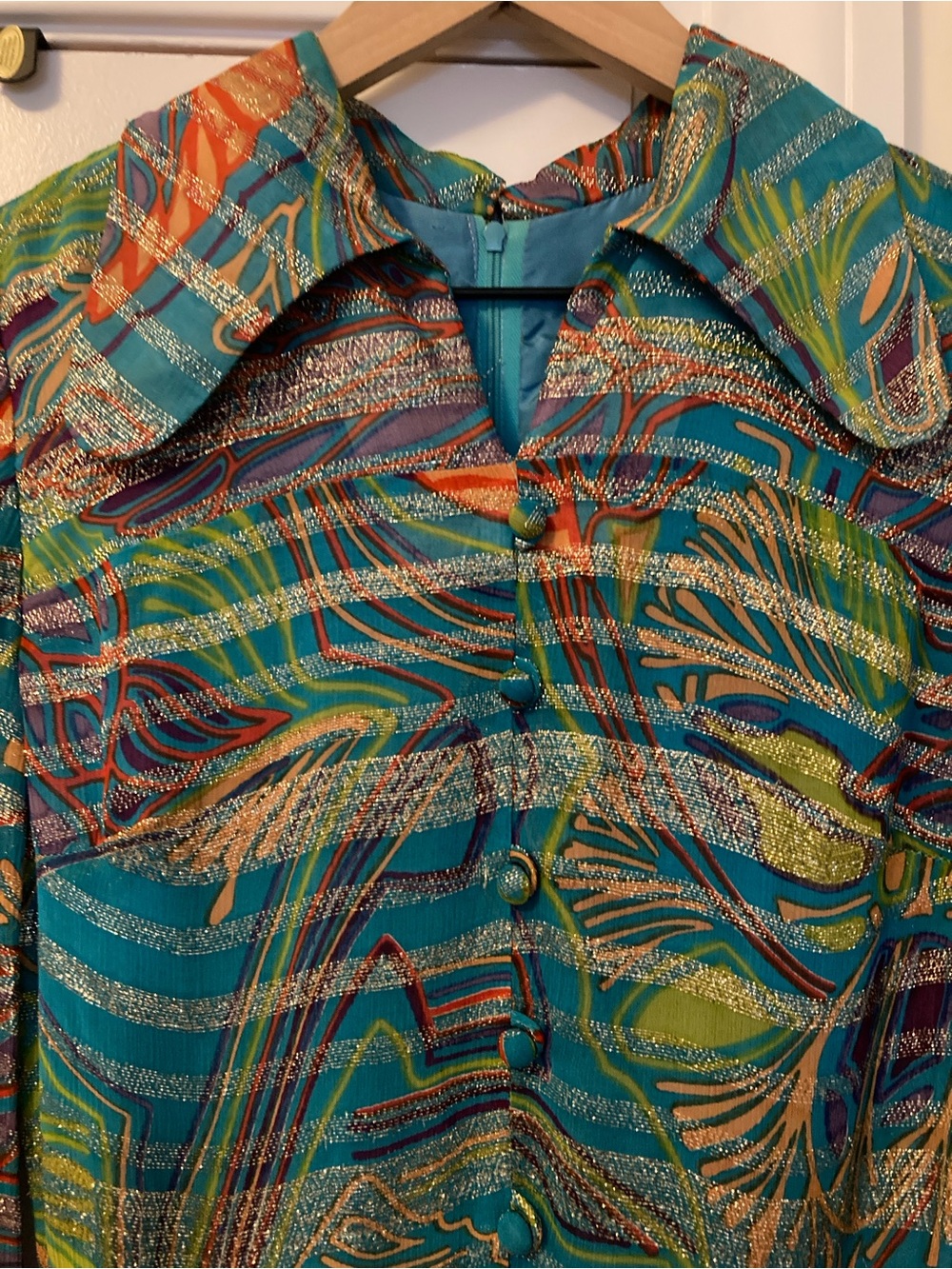 Vintage Teal Multicolor Maxi Dress with Metallic Accents